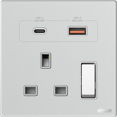 Module Ổ cắm 3 chấu chuẩn Anh kèm Sạc USB và TypeC Simon M7 66E7254G-4E mặt kính cường lực màu bạc