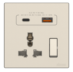 Ổ cắm đa năng kèm công tắc có sạc USB và Type C màu Sâm panh Simon S6 58E7253-46 chuẩn đế vuông
