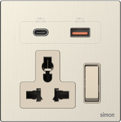 Simon M7  66E7253M-2C Ổ cắm đa năng kèm công tắc có cổng Sạc USB và Type C màu vàng gold (Metal)