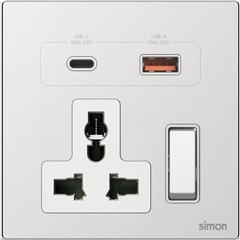 Bộ ổ cắm kèm cổng sạc USB và Type C màu bạc mặt kim loại Simon M7 66E7253M-2A lắp đế vuông