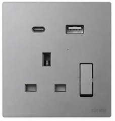 Ổ cắm 3 chấu chuẩn Anh kèm công tắc và sạc USB + Type C màu xám Simon S6 58E7254-61