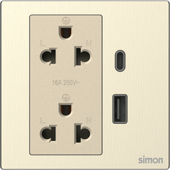 Module Ổ cắm đôi 3 chấu chuẩn Âu Mỹ 16A kèm sạc USB và type C màu vàng (gold) kim loại Simon M7 66E7251M-2C