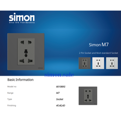 Bộ ổ cắm đôi 3 chấu Âu Mỹ màu bạc mặt kính Simon M7 661287G-4E lắp đế vuông