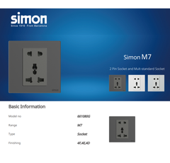 Module ổ cắm 3 chấu đa năng và 2 chấu màu xám mặt kính Simon M7 661080G-4D lắp đế vuông