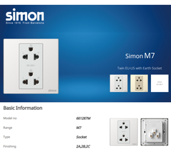 Bộ ổ cắm đôi 3 chấu chuẩn Âu Mỹ màu xám mặt kim loại Simon M7 661287M-2B lắp đế vuông
