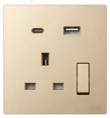 Ổ cắm 3 chấu chuẩn Anh kèm công tắc và sạc USB + Type C màu sâm panh Simon S6 58E7254-46