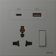 Module Ổ cắm đa năng kèm ổ sạc USB và TypeC có công tắc màu xám Simon M7 66E7253-6Q