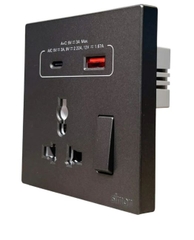 Ổ cắm đa năng kèm công tắc có sạc USB và Type C màu đen Simon S6 58E7253-26 chuẩn đế vuông
