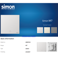 Bộ nút bấm chuông cửa màu bạc mặt kim loại Simon M7 666301M-2A lắp đế vuông