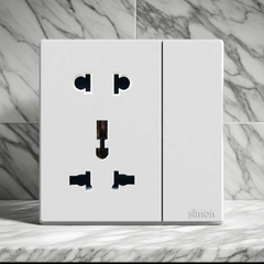 Module Ổ cắm đôi 3 chấu đa năng và 2 chấu kèm công tắc Simon S6 581080 màu trắng lắp chuẩn đế vuông
