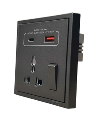 Ổ cắm đơn 3 chấu đa năng có công tắc kèm ổ sặc USB & Type C I7 70E7253-61 màu xám