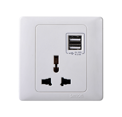 50S- Bộ Ổ cắm đa tiêu chuẩn + 2 cổng sạc USB Simon 45E7255 Màu trắng
