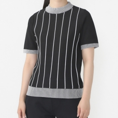 TIGORA Women's Golf Wear Short Sleeve Stripe Pattern Knit Mock Neck Shirt, Quick-Drying, UV, Machine Washable TR-1H2504H