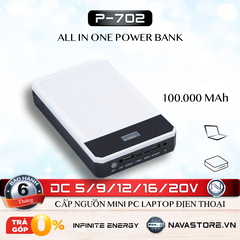 Sạc dự phòng 100000 mah P-702 cấp nguồn cho Mini PC, Laptop, Điện Thoại gọn + nhẹ kèm 10 đầu 100.000