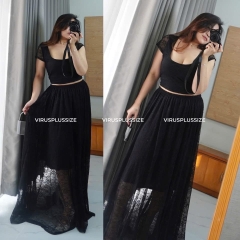 Set áo crop / váy midi phối ren Torrid bigsize xuất xịn