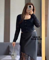 Set f21plus áo ren nơ mix váy lụa Bigsize