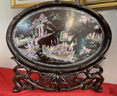 Đĩa bầu dục gỗ trắc khảm Ốc