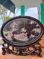 Đĩa bầu dục gỗ trắc khảm Ốc