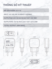 Bộ sạc nhanh SUPER A2313C 2 cổng PD+QC3.0 20W kèm cáp Type C-Type C 1m