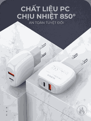 Bộ sạc nhanh SUPER A2313C 2 cổng PD+QC3.0 20W kèm cáp Type C-Type C 1m