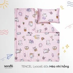 Bộ chăn gối cho bé đi học Lụa Tencel họa tiết - Mèo nhí hồng