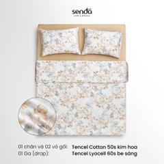 Bộ chăn ga gối 4 món (chăn chần bông) Tencel Cotton họa tiết - Kim hoa
