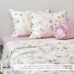 Bộ chăn ga gối 5 món Tencel Cotton họa tiết - Daisy kem