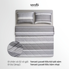 Bộ chăn ga gối 4 món (chăn chần bông) Lụa Tencel 60S họa tiết - Kẻ lưới xám