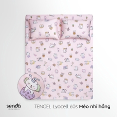 Bộ ga gối 3 món cho bé Lụa Tencel họa tiết - Mèo nhí hồng