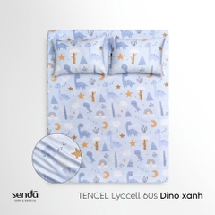 Bộ ga gối 3 món cho bé Lụa Tencel họa tiết - Dino xanh