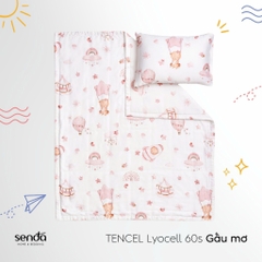 Bộ chăn gối cho bé đi học Lụa Tencel họa tiết - Gấu mơ