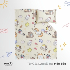 Bộ chăn gối cho bé đi học Lụa Tencel họa tiết - Mèo béo