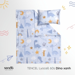 Bộ chăn gối cho bé đi học Lụa Tencel họa tiết - Dino xanh