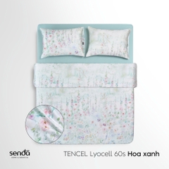 Bộ chăn ga gối 4 món (chăn chần bông) Lụa Tencel 60S họa tiết - Hoa Xanh