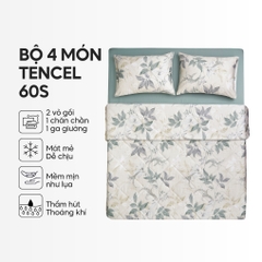 Bộ chăn ga gối 4 món (chăn chần bông) Lụa Tencel 60S họa tiết - Thanh trúc