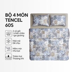 Bộ chăn ga gối 4 món (chăn chần bông) Lụa Tencel 60S họa tiết - Thanh tú