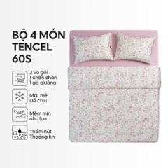 Bộ chăn ga gối 4 món (chăn chần bông) Lụa Tencel 60S họa tiết - Pansy hồng