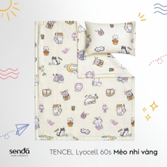 Bộ chăn gối cho bé đi học Lụa Tencel họa tiết - Mèo nhí vàng