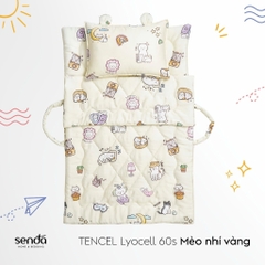 Bộ chăn gối nệm cho bé gấp gọn 5 trong 1 Lụa Tencel họa tiết - Mèo nhí vàng