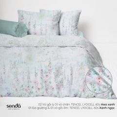 Bộ chăn ga gối 5 món Lụa Tencel 60S họa tiết - Hoa Xanh