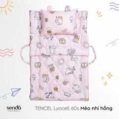 Bộ chăn gối nệm cho bé gấp gọn 5 trong 1 Lụa Tencel họa tiết - Mèo nhí hồng