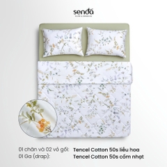 Bộ chăn ga gối 4 món (chăn chần bông) Tencel Cotton họa tiết - Liễu hoa