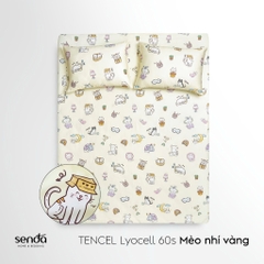 Bộ ga gối 3 món cho bé Lụa Tencel họa tiết - Mèo nhí vàng