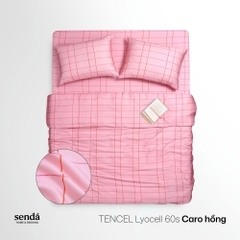 Bộ chăn ga gối 4 món Lụa Tencel họa tiết kẻ sọc - Caro hồng