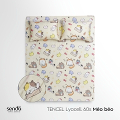 Bộ ga gối 3 món cho bé Lụa Tencel họa tiết - Mèo béo