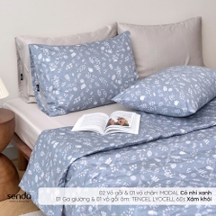 Bộ chăn ga gối 4 món (chăn chần bông) Micro Modal họa tiết - Cỏ nhí xanh