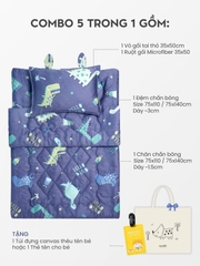 Bộ chăn gối nệm cho bé gấp gọn 5 trong 1 Lụa Tencel họa tiết - Gấu du hành