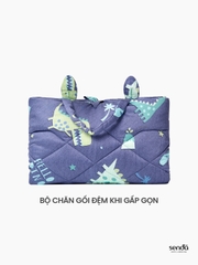 Bộ chăn gối nệm cho bé gấp gọn 5 trong 1 Lụa Tencel họa tiết - Gấu du hành