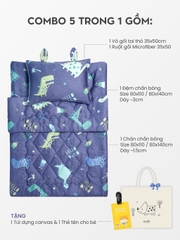 Bộ chăn gối nệm cho bé gấp gọn 5 trong 1 Lụa Tencel họa tiết - Gấu mơ
