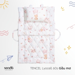 Bộ chăn gối nệm cho bé gấp gọn 5 trong 1 Lụa Tencel họa tiết - Gấu mơ